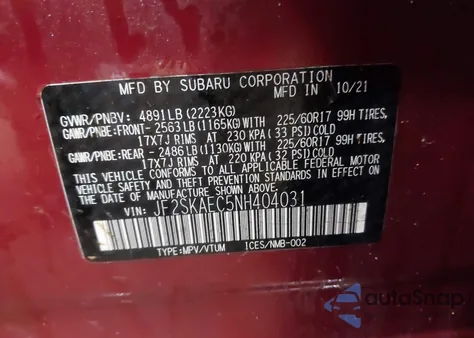 2022 Subaru Forester Premium z USA, uszkodzony, nr VIN JF2SKAEC5NH404031